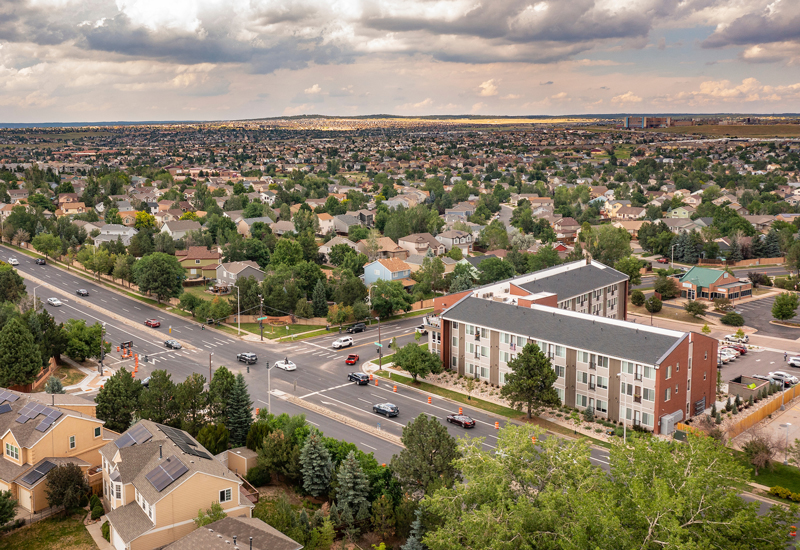 An aerial view of The Atrium, a multifamily building. 